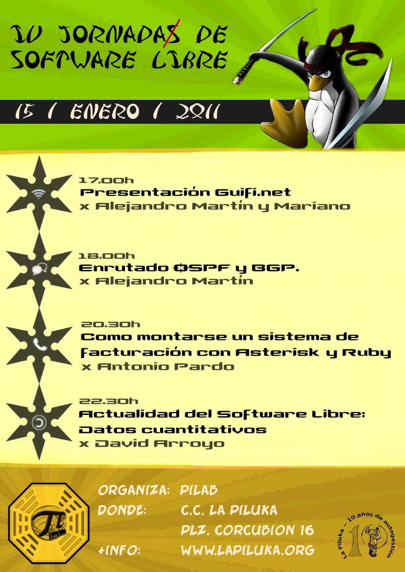 Desde el Pilab tenemos el placer de presentar la IV Jornada de Software Libre que se va a celebrar en La Piluka el próximo sábado 15 de enero desde las […]