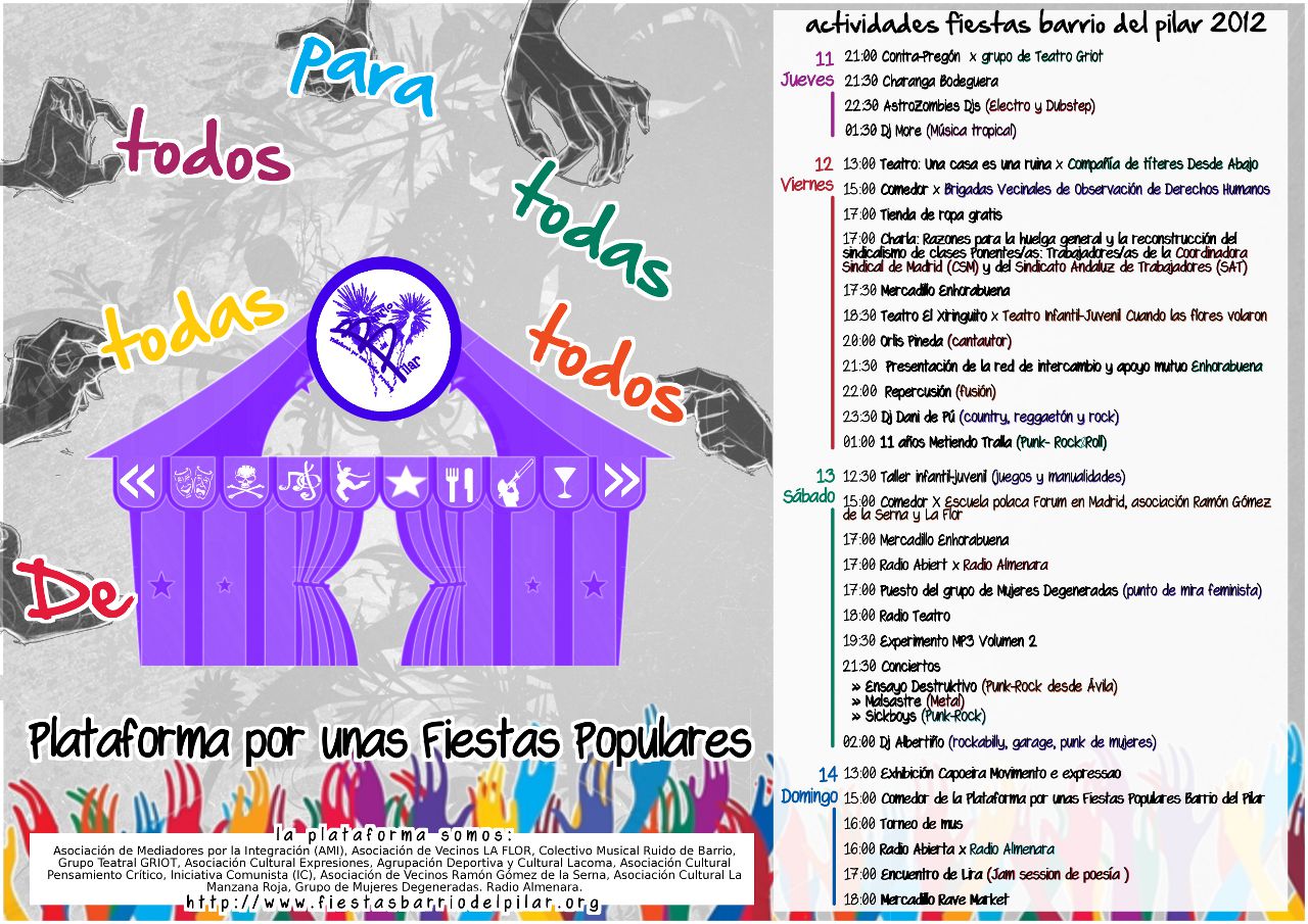 Ya están aqui las fiestas del Barrio del Pilar 2012. Comienzan el próximo miércoles 10 de octubre y acabarán el domingo 14 de octubre. Desde la Plataforma y especialmente desde […]
